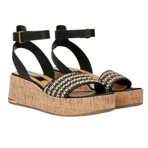 Franco Sarto Cork Platform Wedge Sandals Ankle Strap Terry Black Tan 10 NEW